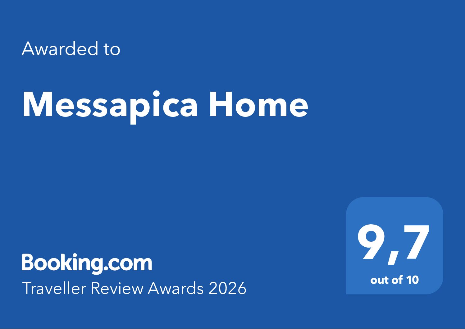 Booking.com Traveller Review Award 2026 - Messapica Home - 9,7 su 10